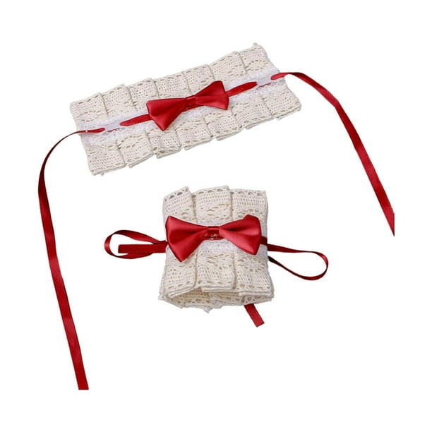 Maid Accessories Ruffled Bowknot Bracelet Lolita Hand Muñequeras para accesorios, Halloween, disfraz, vestido , boda Rojo Hugo Muñequeras Lolita