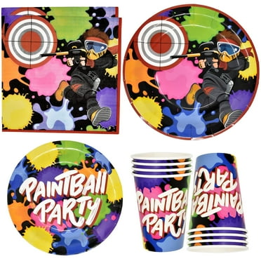 Colorful Paintball Party Tableware Set - 24 Paper Plates, 24 Mini Plates, 24 Cups, 50 Napkins for Epic Splatter Gun Celebrations and Rainbow-Themed Birthday Fun