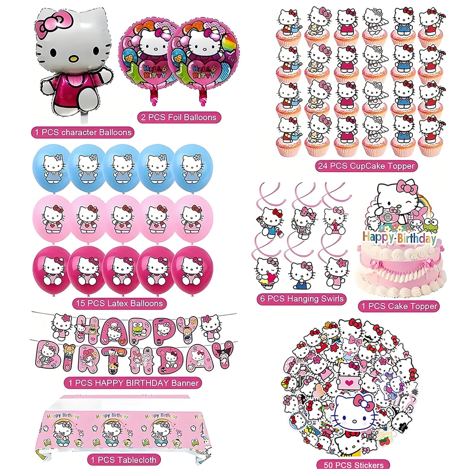 Kitty Party Supplies Set, Birthday Party Favors Include Banner, Balloons, Hanging Swirls, Cake Cupcake Toppers, Tablecloth, Stickers for Girls Kitty Theme Party