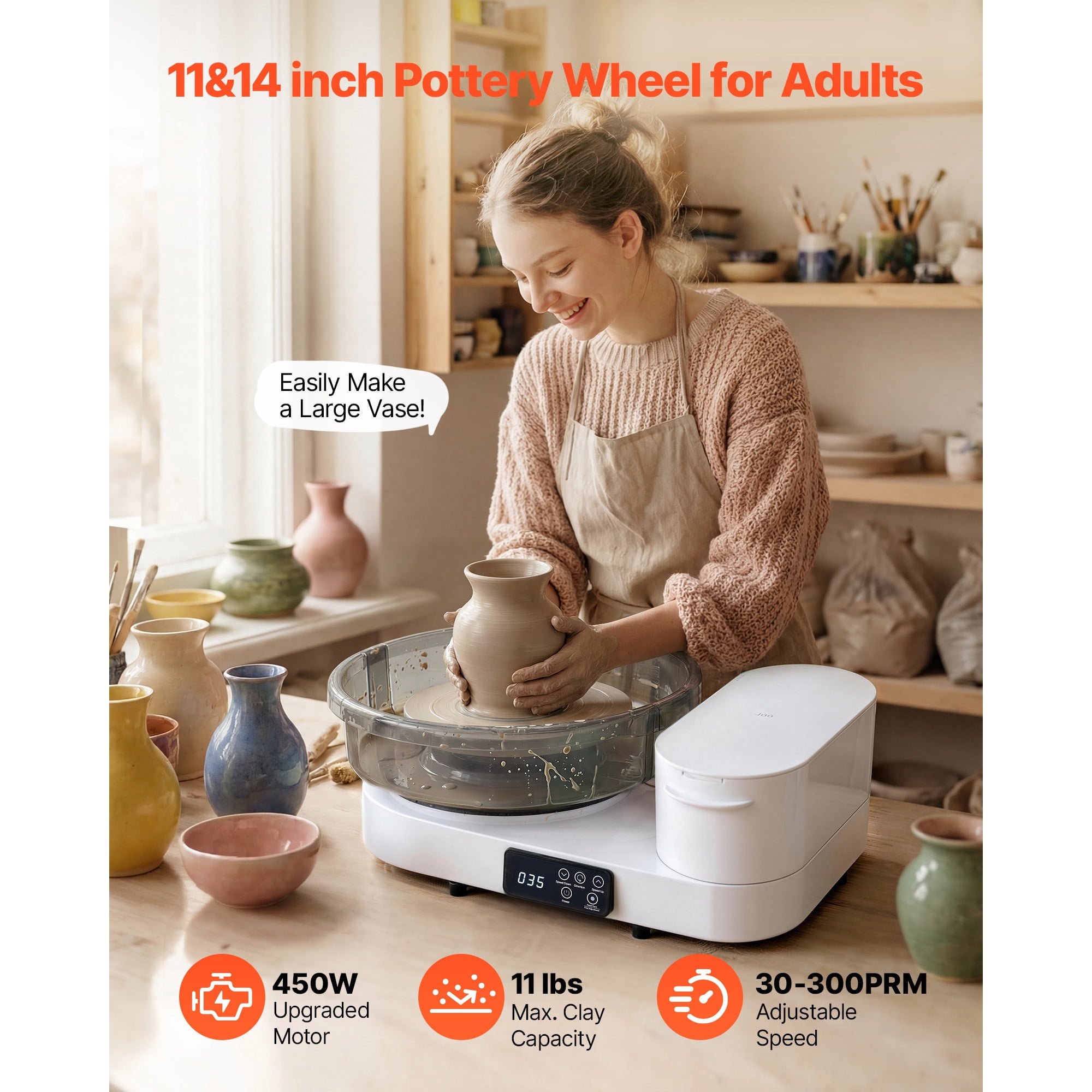 KFFKFF Electric Pottery Wheel for Adults, 14" and 11" Turntables, 450W Tabletop Wheel with Foot Pedal, Adjustable Speed 30-300 RPM, Durable Aluminum Build, Ideal for Beginners and DIY Clay Projects