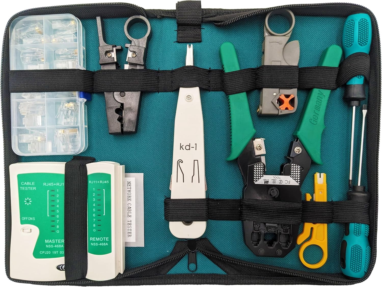 9-in-1 Network Toolkit with RJ45 Ethernet Crimping Tool, Krone Type Punch Down Tool, Networking Cable Tester, RJ45 Connectors, and Wire Strippers with Carrying Case