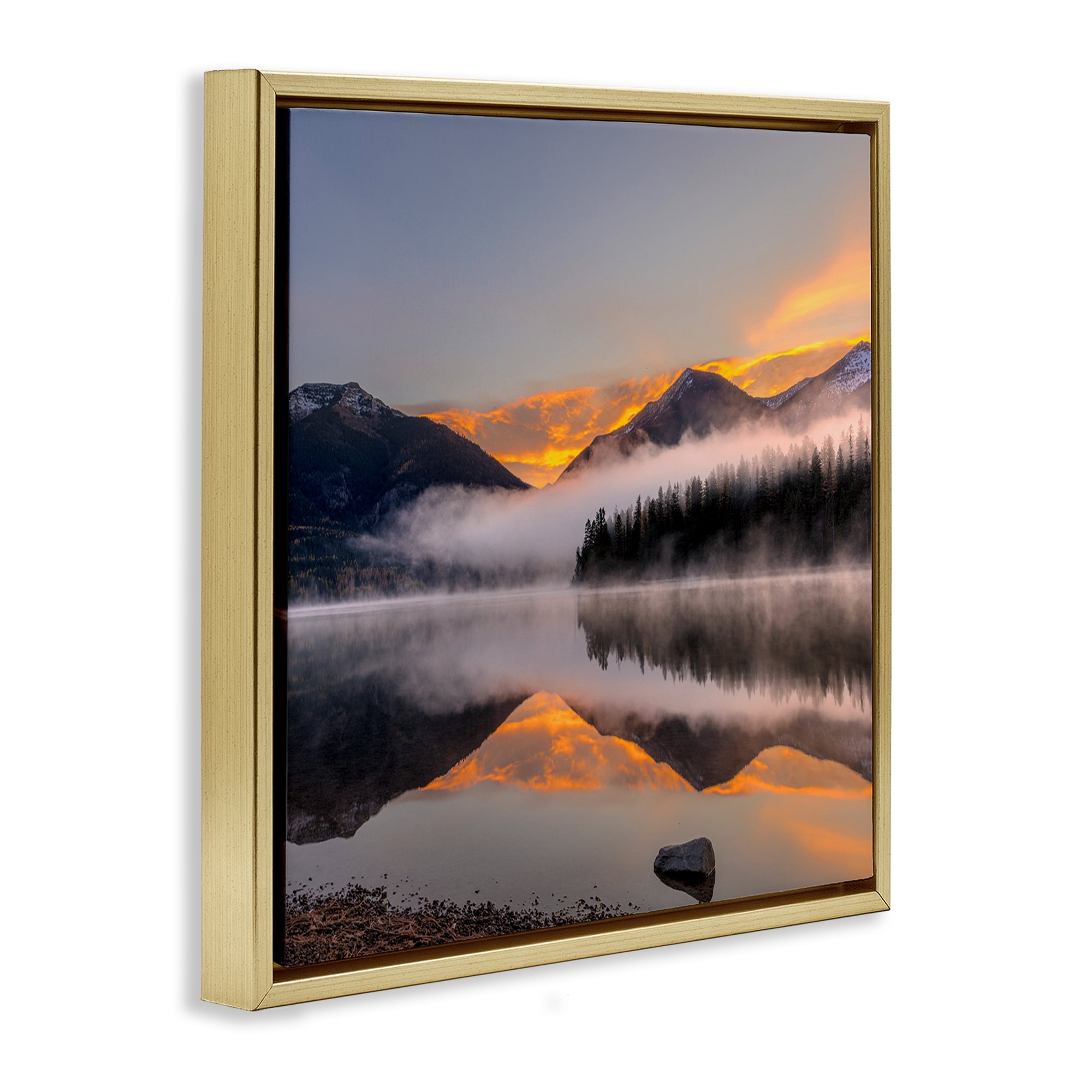 Stupell Industries Orange Sunset Lake Reflection Landscape & Nature Photography Gold Floater Framed Canvas Art Print Wall Art, 25 x 25