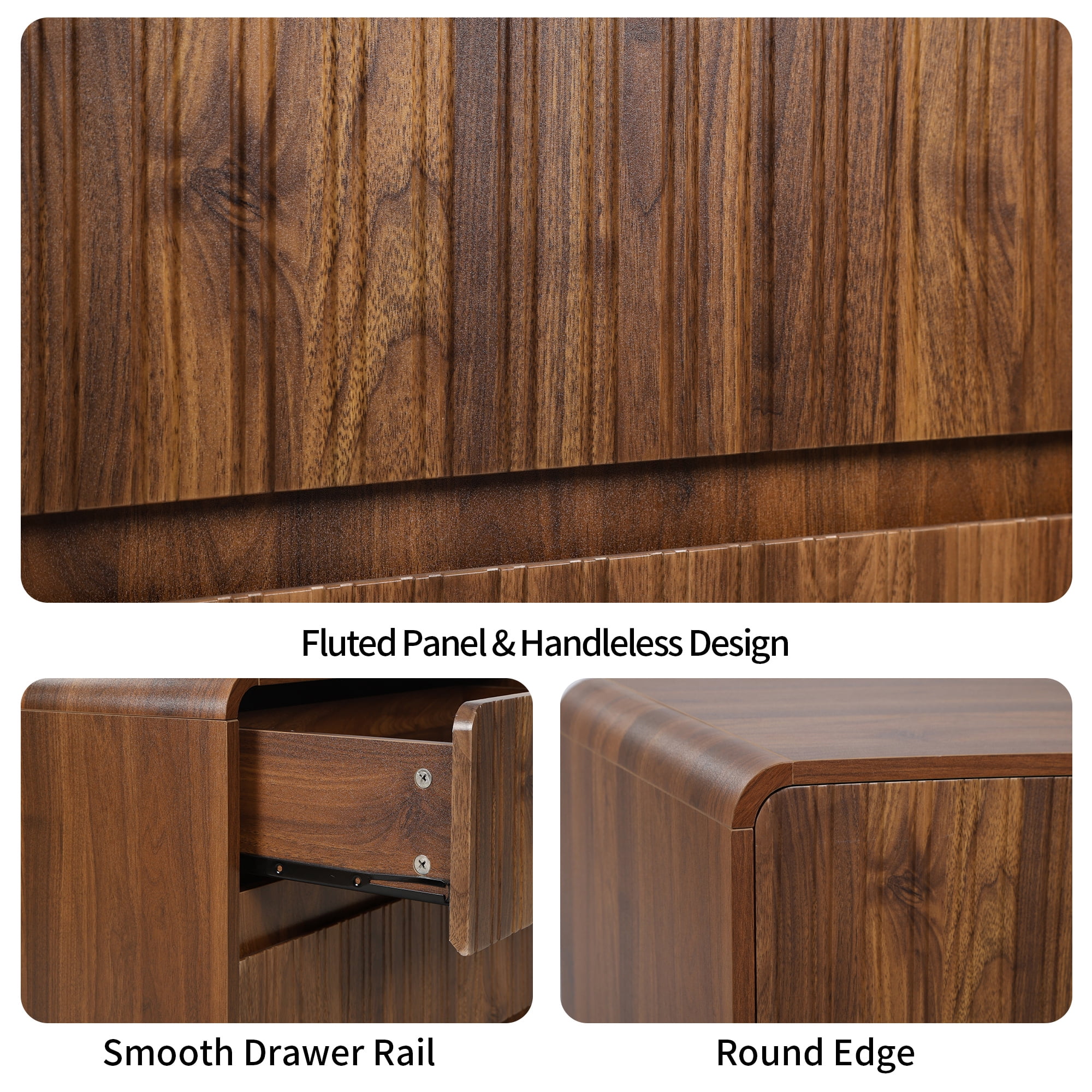 LEFHDA 2 Drawer Fluted Nightstand, Wood Fluted Bedside Table for Bedroom, Mid-Century Modern End Tables(Walnut)
