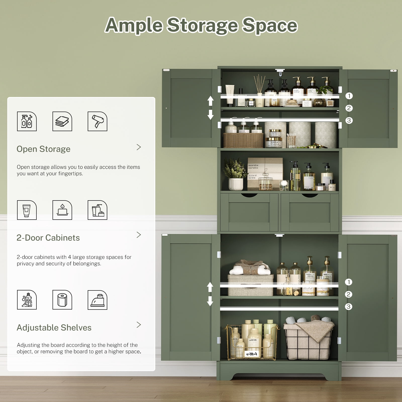 57.8" H Tall Bathroom Storage Cabinet with 2 Drawers & 2 Adjustable Shelves, Floor Cabinet with 4 Doors, Tall Cabinet for Living Room, Dining Room, Entryway, Forest Green