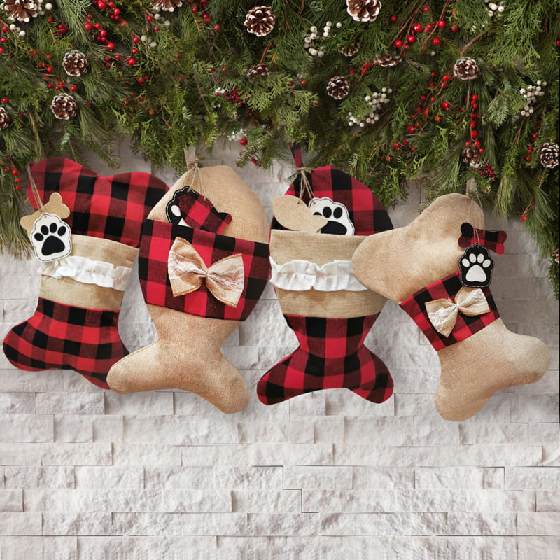 Details about   Pet Dog Christmas Stockings Buffalo Plaid Large Bone Shape Pets Dogs Stockings. 