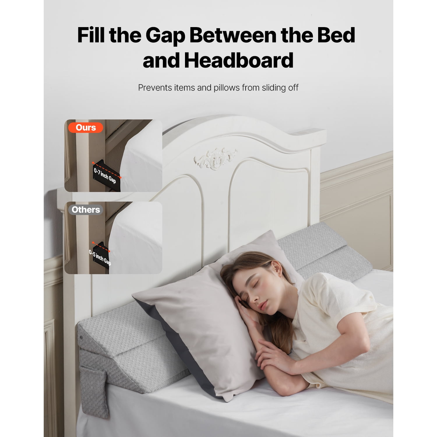 KFFKFF Bed Wedge Pillow for Headboard, Queen Size, 60"x10"x6" Gap Filler, Covers 0-7" Space Between Mattress and Headboard, Foam Cushion with Side Pocket, for Back Support, Gray