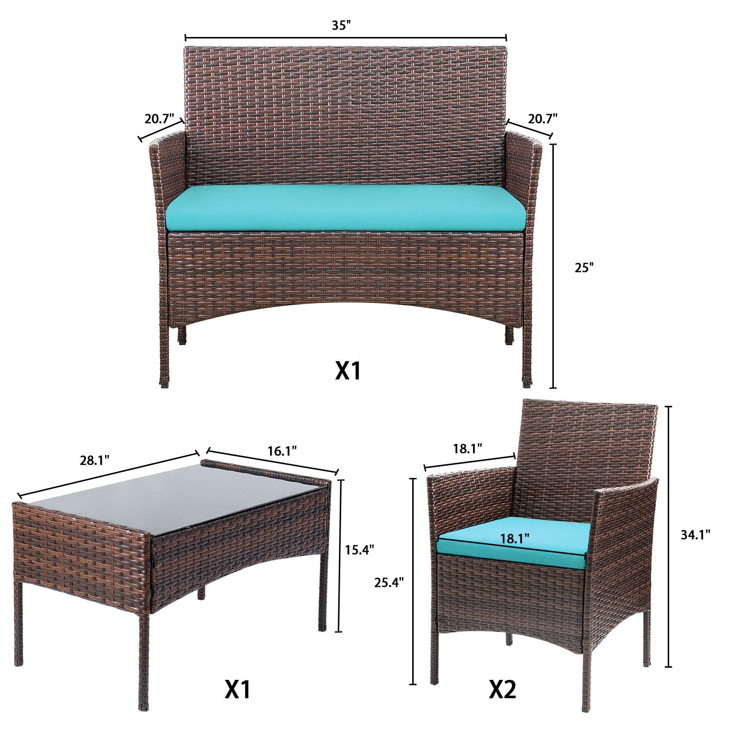 Lacoo 4 Pieces Outdoor Patio Furniture Brown PE Rattan Wicker Table and Chairs Set Bar Balcony Backyard Garden Porch Sets with Cushioned Tempered Glass, Blue Cushion - image 3 of 4