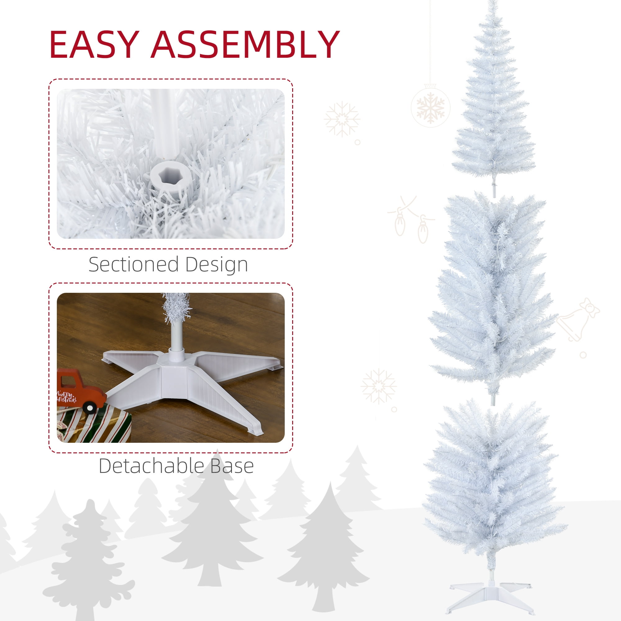 7FT White Slim Pencil Artificial Christmas Tree, 499 Tips 200 Warm White LEDs, Section Design, Flame Retardant Sturdy Base, Indoor Holiday Decor