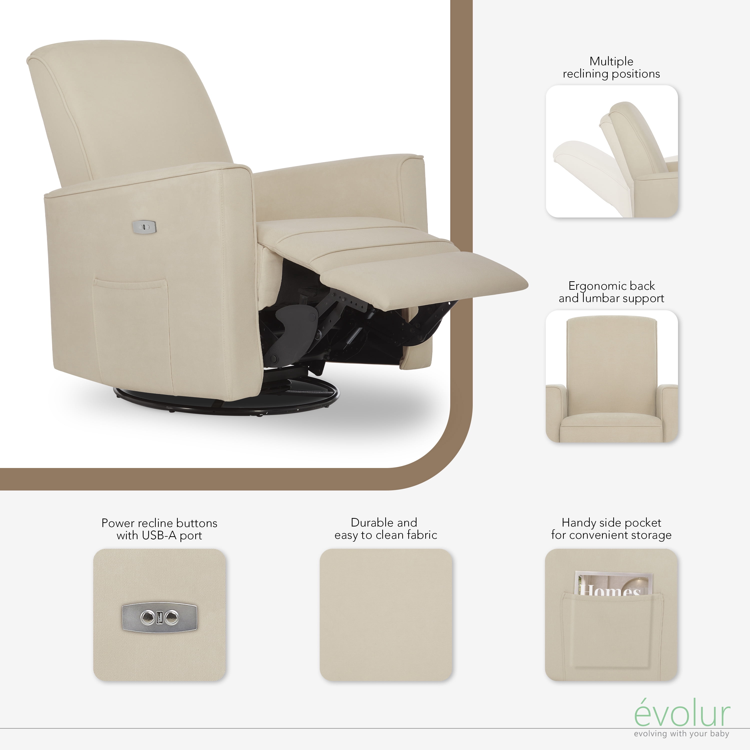 Evolur Harlow Power Recliner and Gliding Rocker with USB Charger Port, Shell