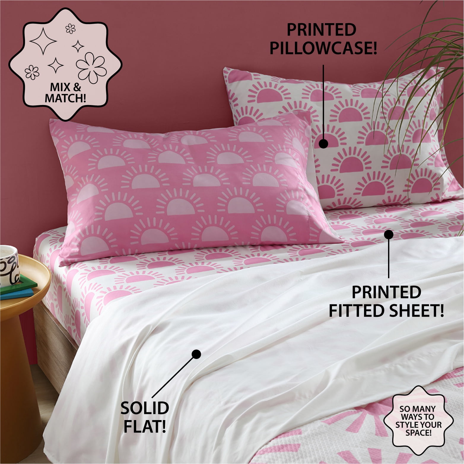 Urban Shop 8 Piece Pink Sunburst Mix and Match Sheet Set, Full