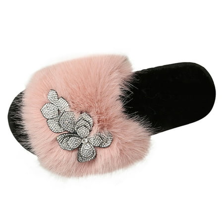 

YUHAOTIN Black Slippers for Women with Strap 2024 Fall and Winter New Outside Wear Lazy Hairy Slippers Female Flowers Thick Bottom Home Shoes Outdoor Slippers for Women Memory Foam Women s Slippers