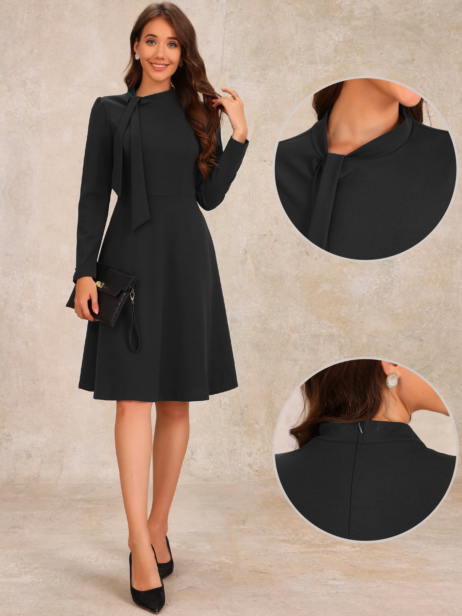 DARING DIVA Collar Tie Mock Neck a Line Elegant Midi Dress M Black