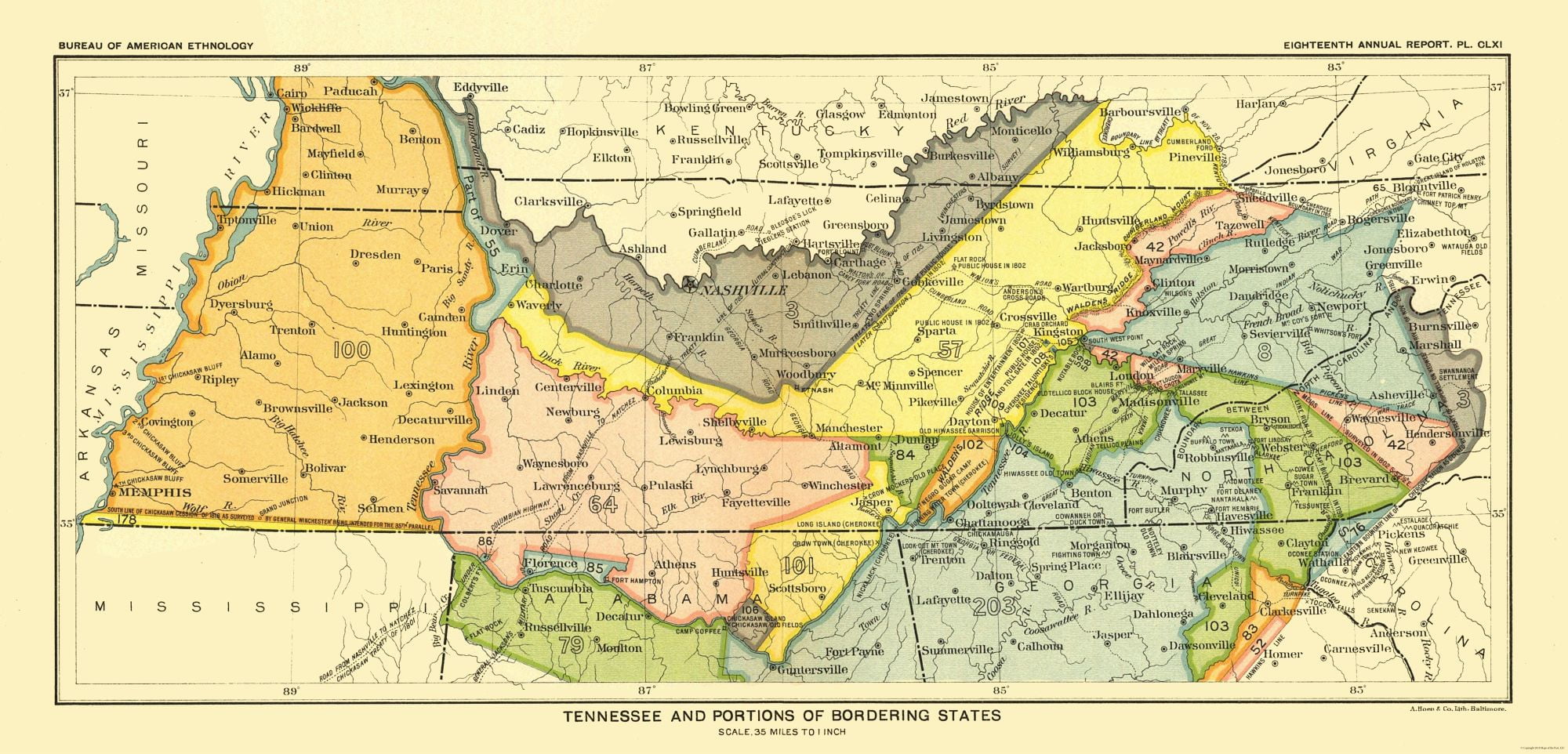 Tennessee Bordering States Hoen 1896 47.84 x 23
