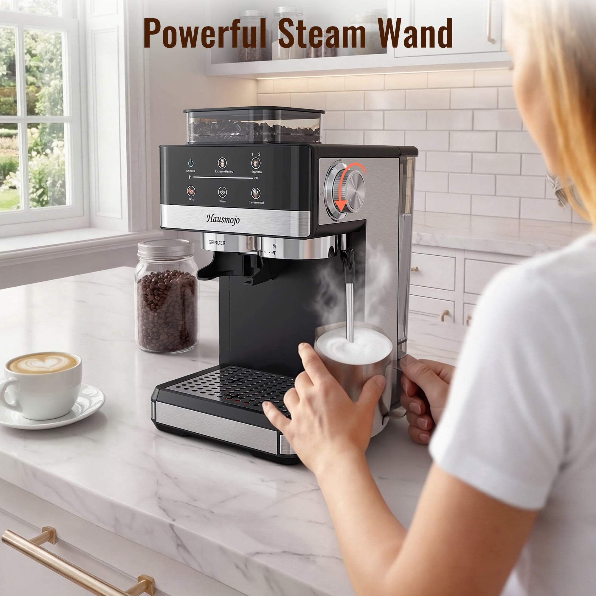 Hausmojo 5520 Espresso Machine with Grinder, Cold Brew & Milk Frother, 20-Bar Semi-Automatic for Latte & Cappuccino, Adjustable Grind & Volume