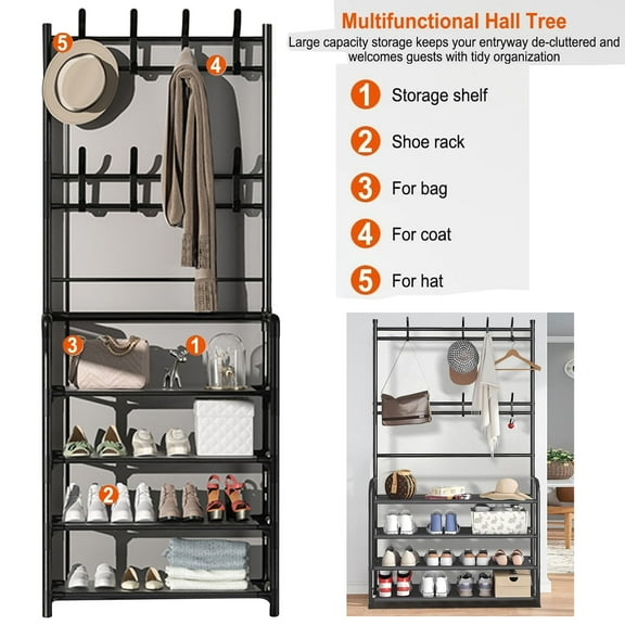 Entryway Coat Rack, Versatile Hall Tree with Shoe Bench Storage Organize & 8 Hooks, Freestanding Coat Rack and Shoe Shelf Bench, for Living Room Bedroom Hallway Office, Black