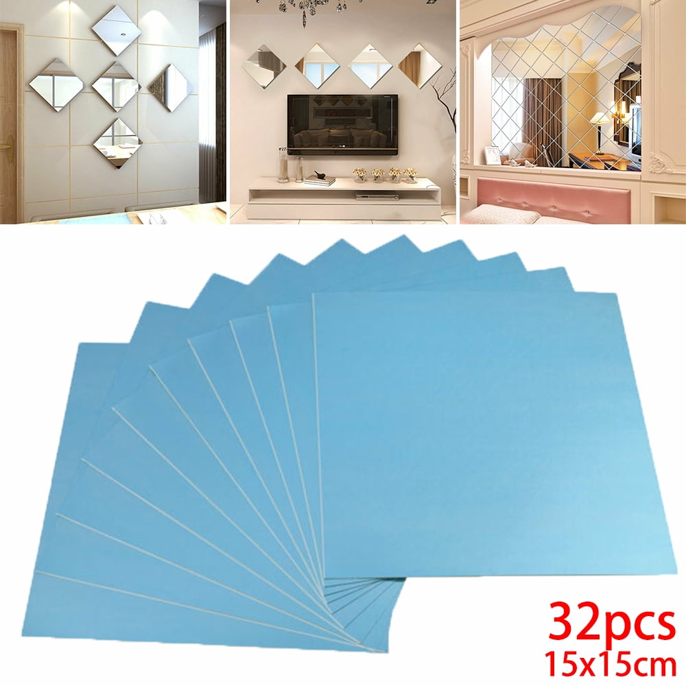 32Pcs Square Wall Mirror Tiles, Mirror Sheets Self Adhesive Mirror Tiles Wall Sticky Mirror Bathroom Decor Wall Stickers
