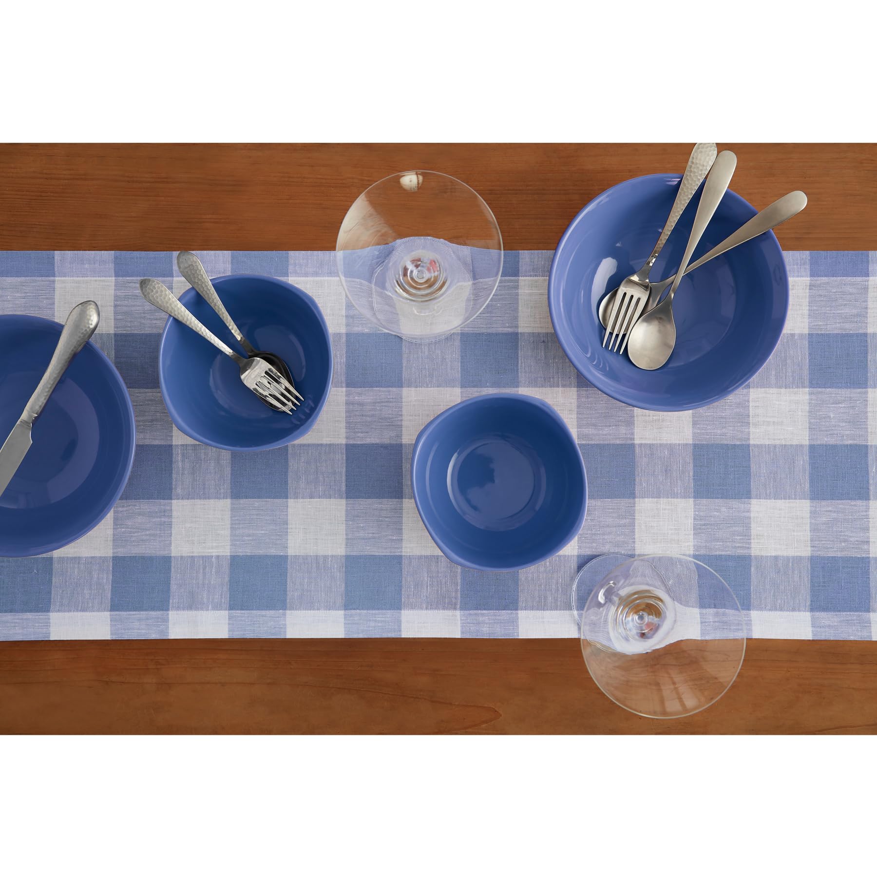 Linen Checkered Table Runners 72 Inches Long - 100% Pure Linen Hydrangea Blue Buffalo Plaid Table Runner 14 x 72 Inch Ideal for Dresser, Dining