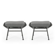 Margo Outdoor Ottoman Set of 2, 24 Inch Black Iron, Gray Cushion