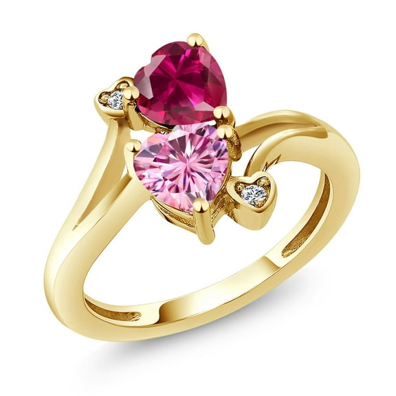 Gem Stone King 18K Yellow Gold Plated Silver Red Created Ruby Pink Moissanite and White Moissanite Ring for Women (1.79 Cttw, Heart Shape 6MM, Gemstone July Birthstone, Size 5)