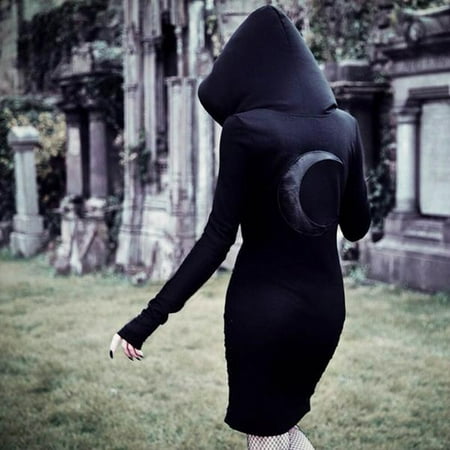 KABOER 2019 Women New Gothic Punk Solid Color Long Sleeve Back Moon Pattern Hooded Dress Cool Black Hoodie Dress Halloween Hooded