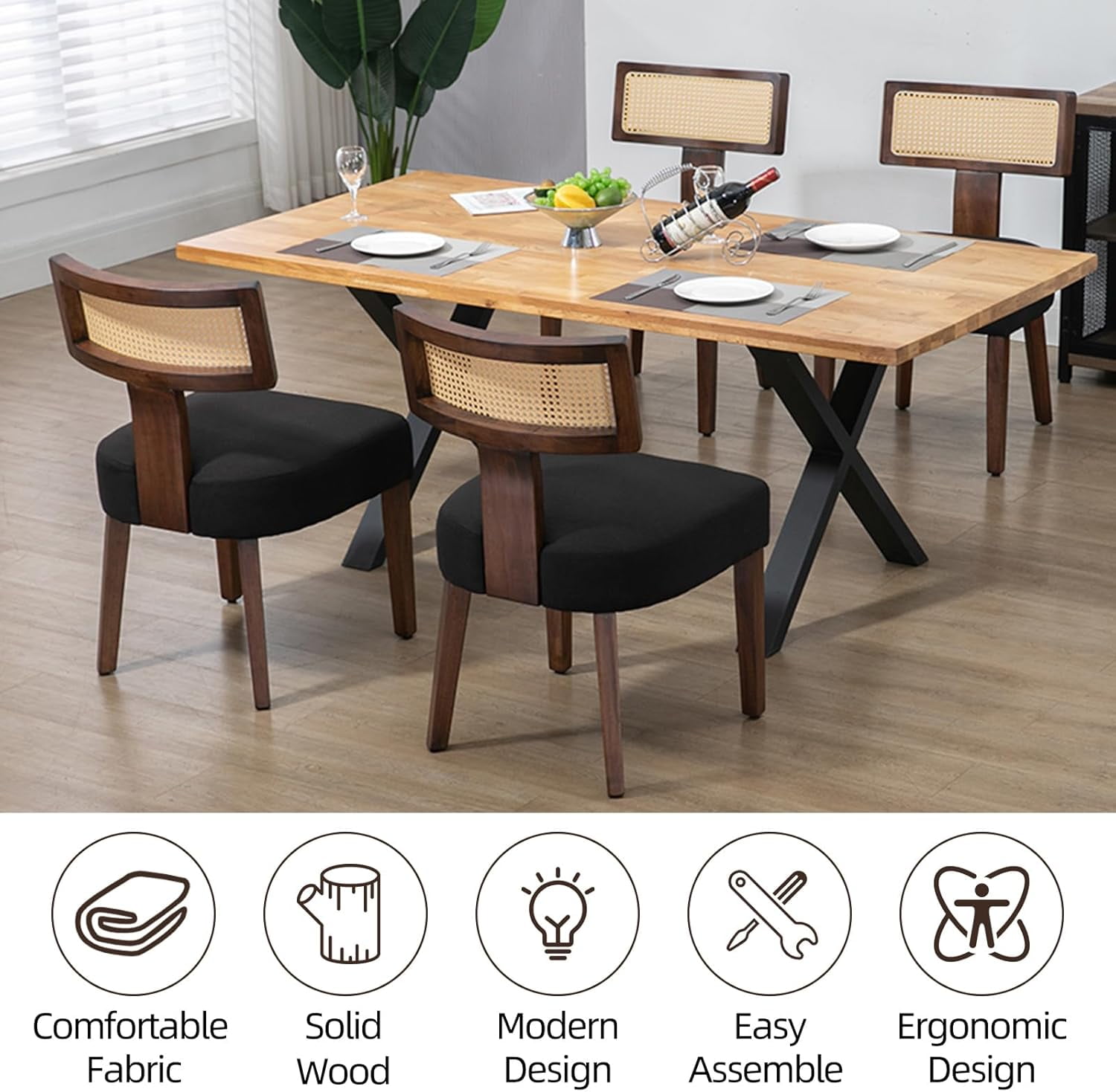 Newnno Rattan Dining Chairs Set of 4, Mid-Century Modern Kitchen & Living Room Chair with Cane Curved Back & Hardwood Frame in Dark Walnut Finish, Black Linen Upholstered