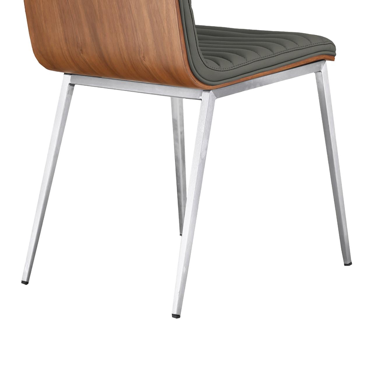 Café Brushed Stainless Steel Dining Chair in Gray Faux Leather with Walnut Back - Set of 6