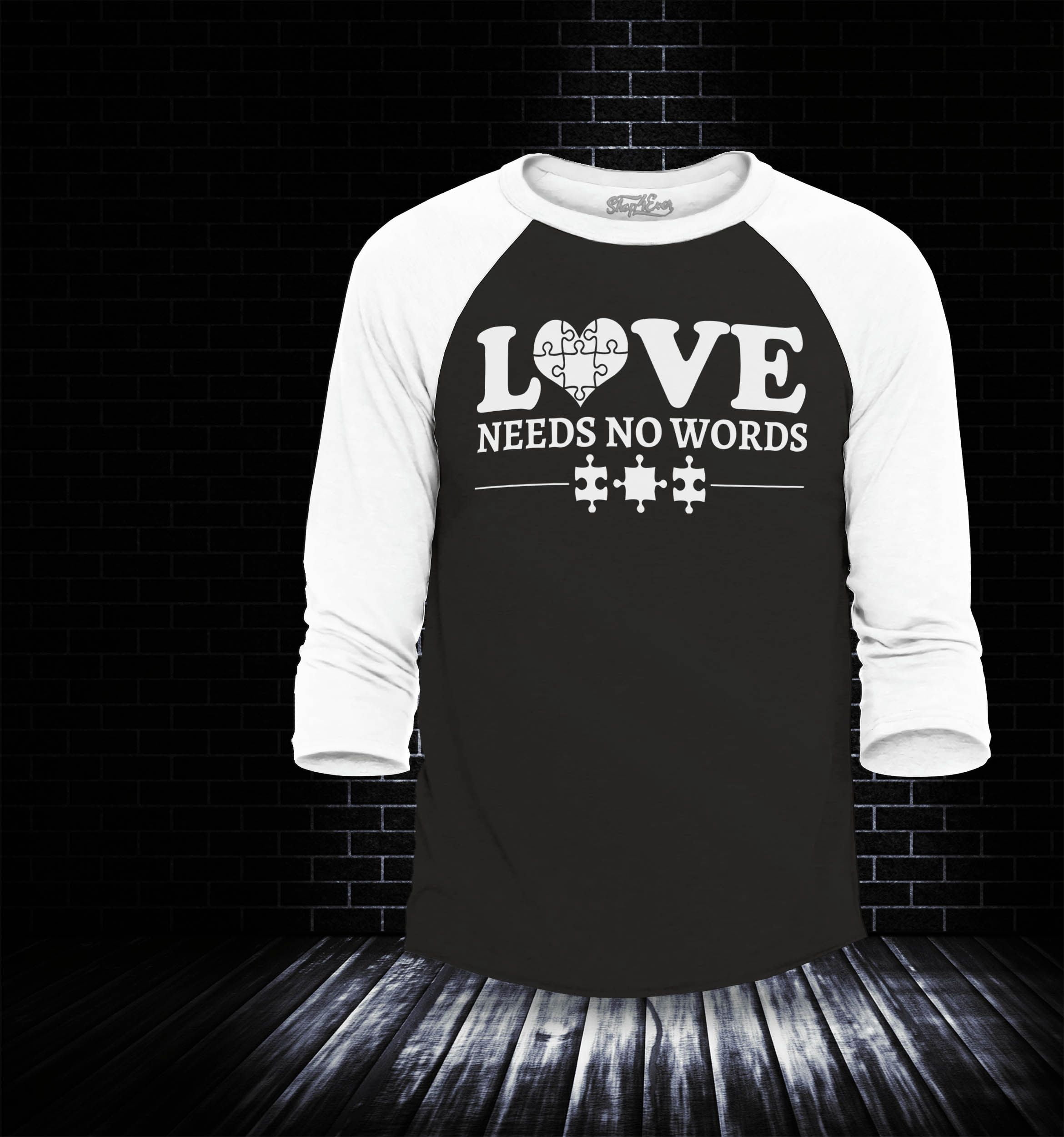 Shop4Ever Men's Love Needs No Words Autism Awareness Raglan Baseball Shirt XXX-Large Black/White