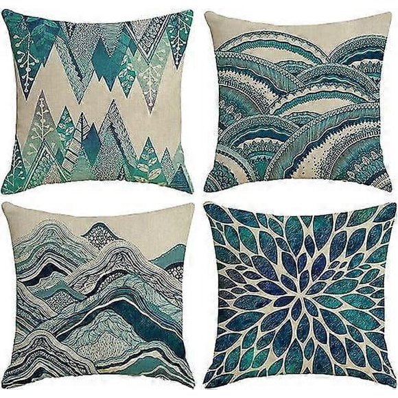 Fundas de cojín de lino para exterior, cuadradas, para decoración de interiores y exteriores, diseño de olas del océano (45 x 45 cm)