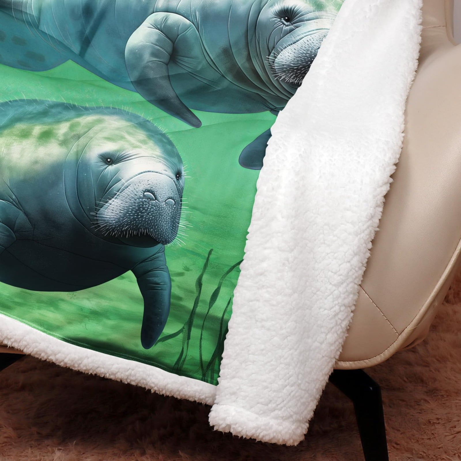 50" x 60"Animal Print Fleece Throw Blankets for Couch Sofa Bed, Manatee Family Sherpa Blanket, Super Soft Warm and Lightweight