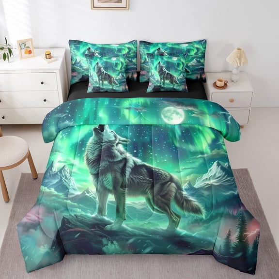 Erosebridal 7 Pieces Wolf Comforter Twin Size,Aurora Natural Dreamy Teen Bedding Comforter Set,Wildlife Animal Print Bed Set(1 Comforter 1 Fitted 1 Flat Sheet 2 Pillowcases 2 Throw Pillow Covers)