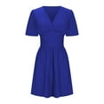 thumbnail image 2 of LLYwey Summer Casual Flowy Dresses for Women Smocked Waist Ruffle Pleated A-Line Wedding Guest Evening Party Knee Length Dresses Solid Color Short Sleeve V-Neck Beach Sundress , Sun-23, Blue, M, 2 of 5