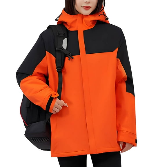 Homenesgenics Winter Jackets Plus Size ! Women's Color Block Long Sleeve Zipper Pocket Hooded Coat Windproof Velvet Warm Jacket Orange L