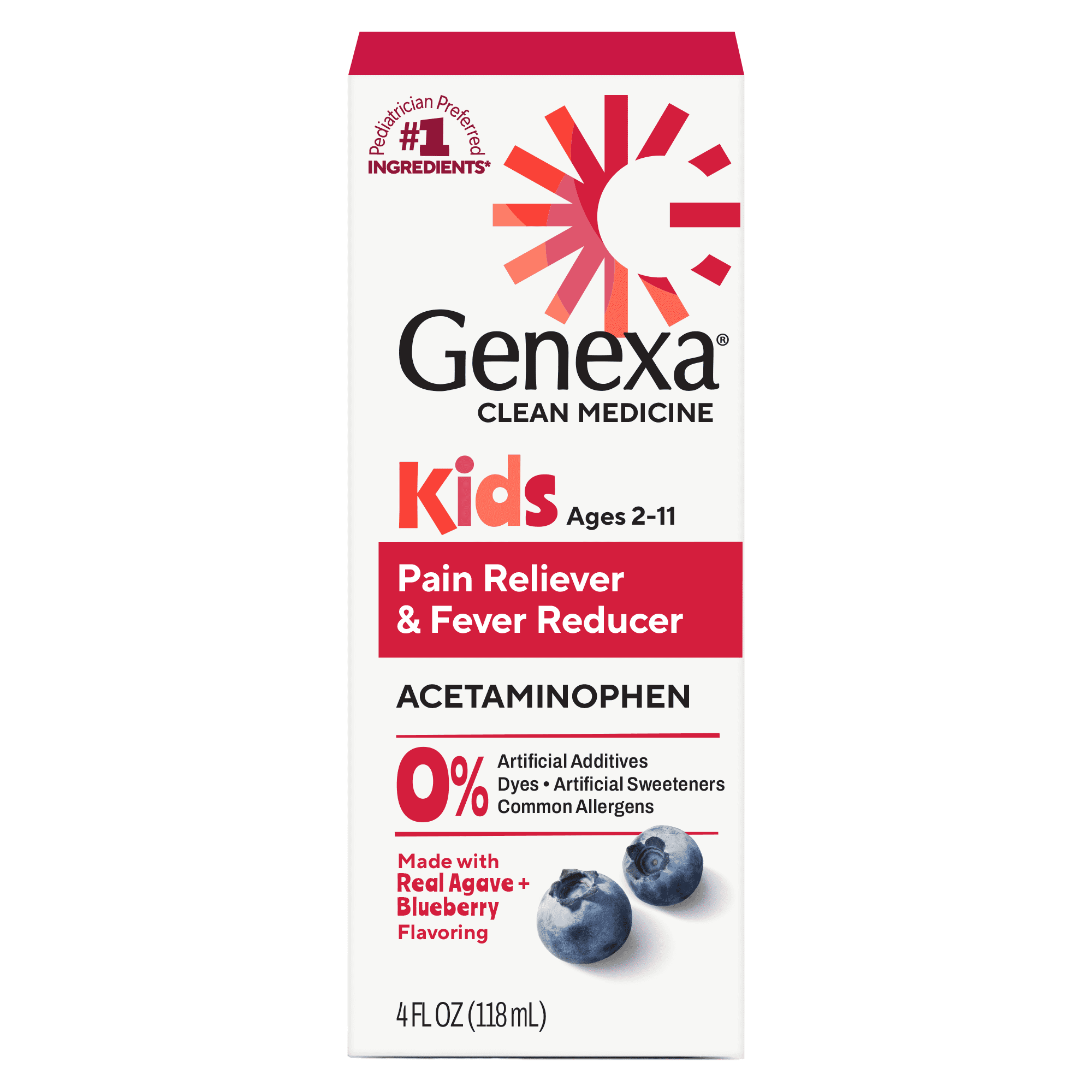 (3 pack) Genexa Kids’ Clean Pain & Fever Acetaminophen, Dye Free, Organic Blueberry, 4 fl oz
