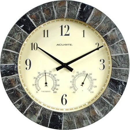 14 Inch Analog Wall Clock - AcuRite 14-inch Faux Slate Outdoor Clock with Analog Thermometer and Humidity
