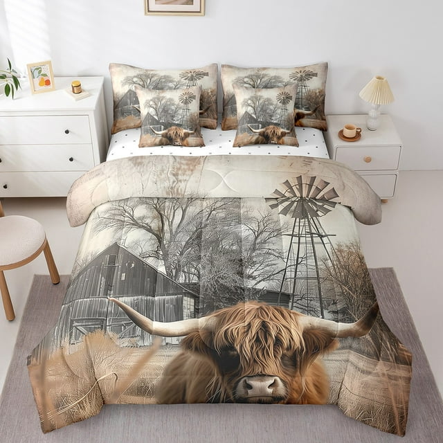 Ensemble de Literie Highland Cow Farm Animals Très Grand 7 Pcs, Décor de Moulin à Vent de Jardin Ensemble de Couette de Ferme Réversible Rétro Rustique Style Chalet Cabane Cottage, Ensembles de Literie Doux avec Couette, Draps