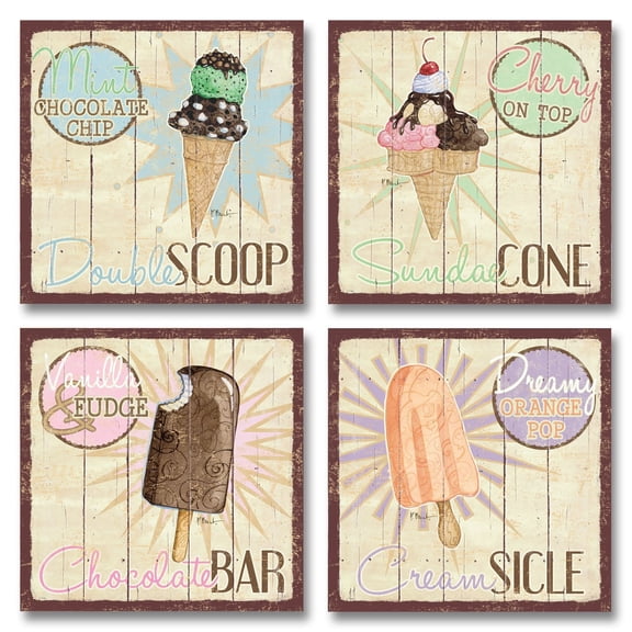 Vintage Ice Cream Shop Set, Double Scoop, Sundae Cone, Creamsicle, Chocolate Bar; Kitchen Décor; Four 12X12 Poster Prints