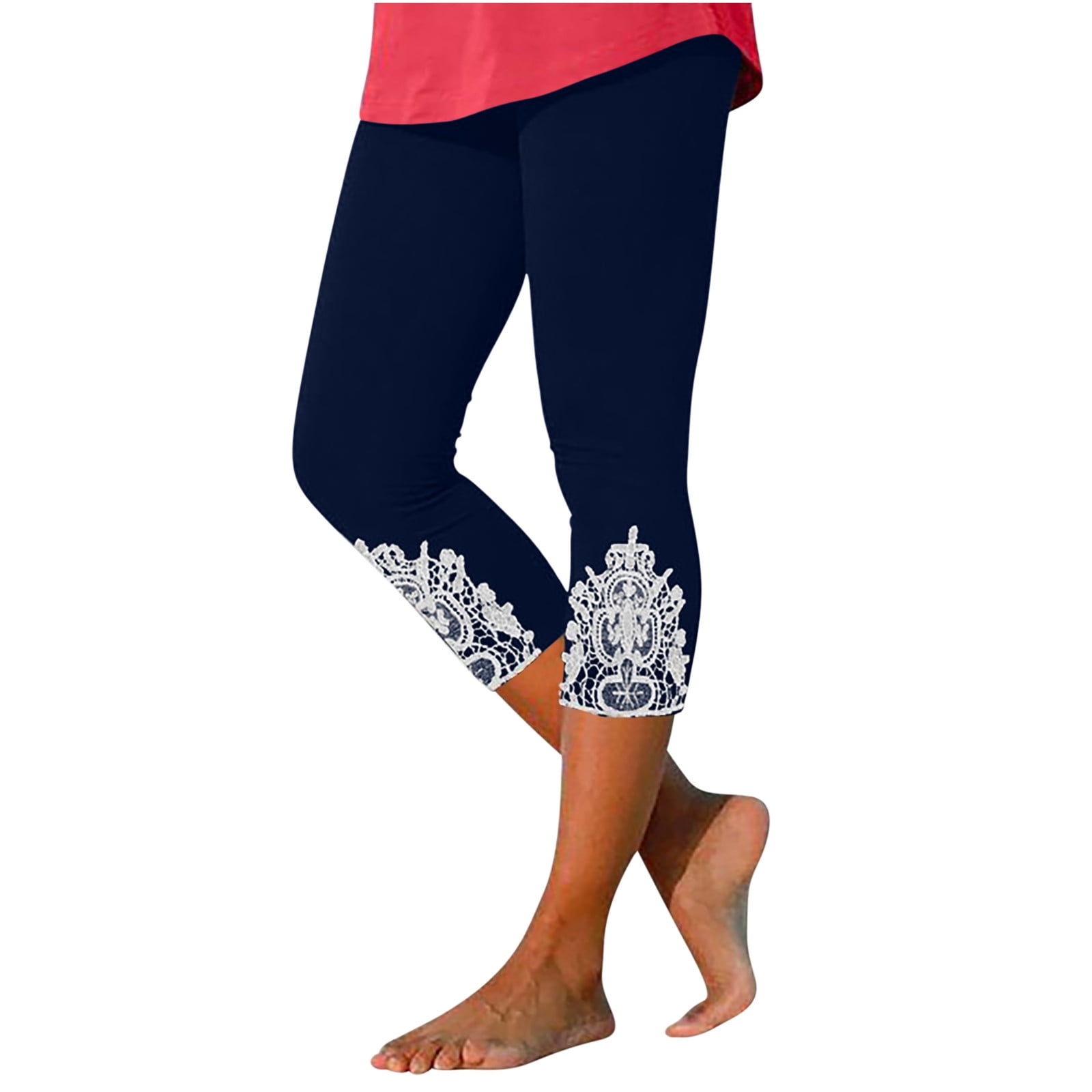 QATAINLAV Leggings Capri for Women, Summer Lace Patchwork Womens Workout Yoga Leggings 2024 Tummy Control High Waisted Cropped Leggings Best Sales Today Navy S