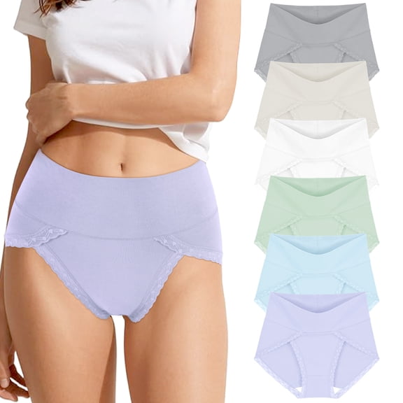 Sunm Boutique High Cut Lace Combed Cotton Underwear for Women, 5-Pack High Waisted Full Coverage Tummy Control Briefs
