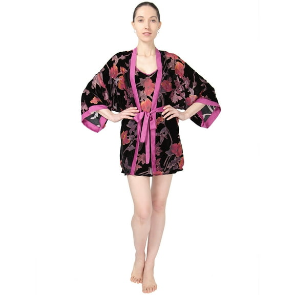 MeMoi Women's Velvet Burnout Satin Trim Floral Kimono Robe - Womens - Female