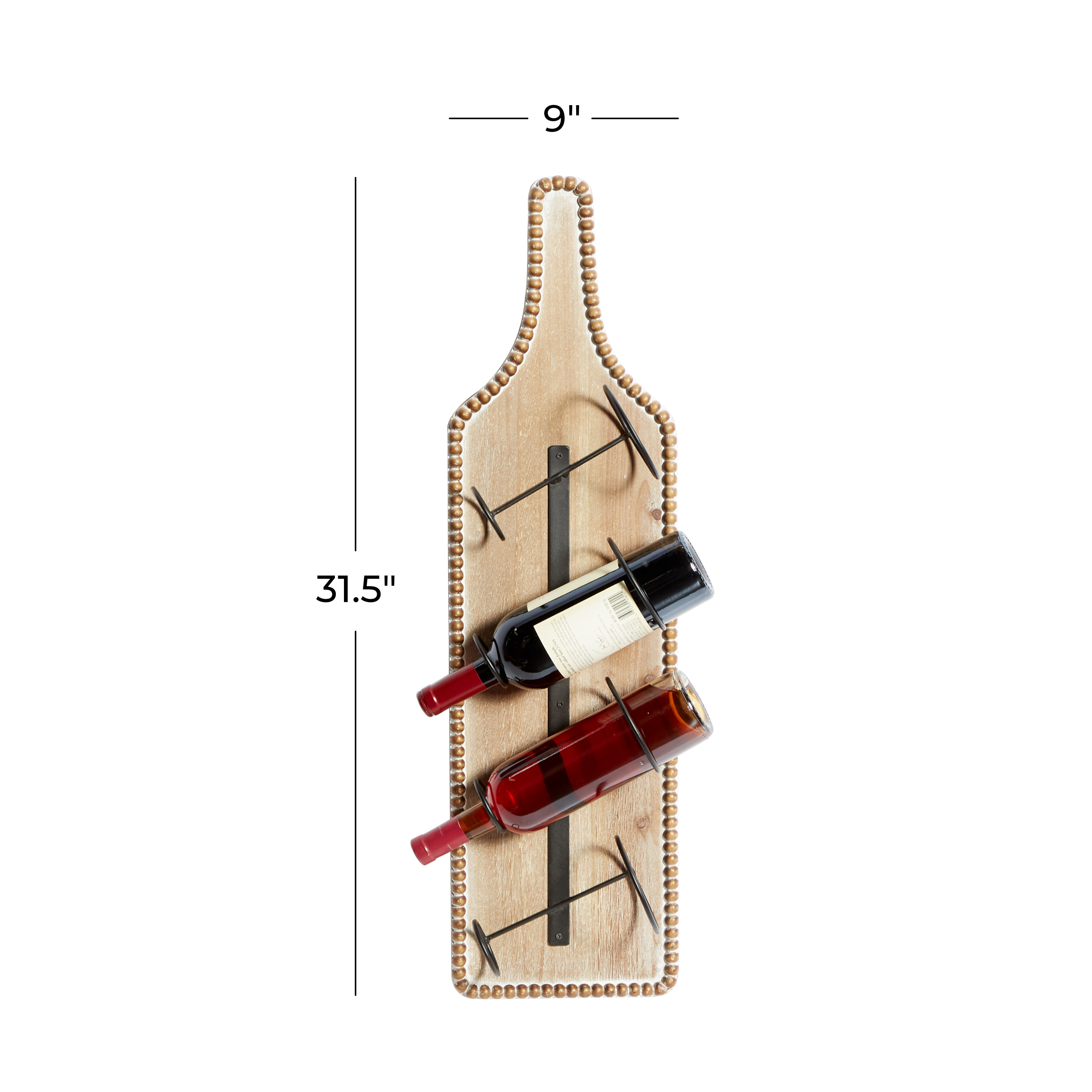 DecMode 9" x 32" Brown Wood Bottle Shaped 4 Bottles Wall Wine Rack with Beaded Frame, 1-Piece