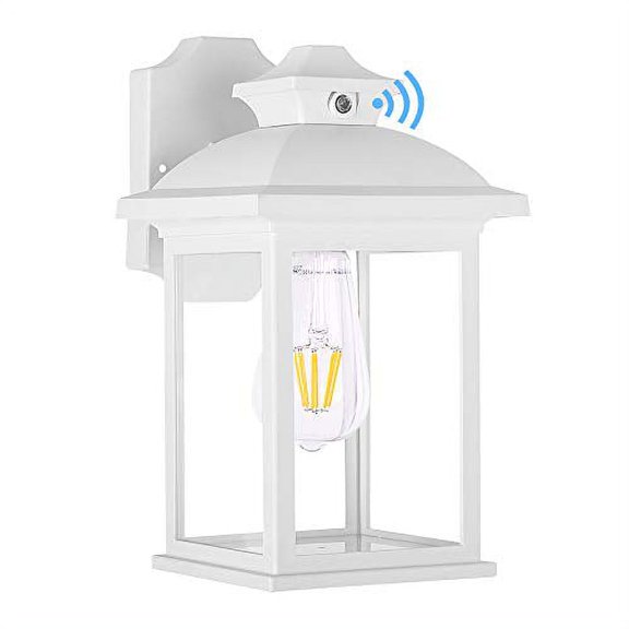 FUDESY Dusk to Dawn Sensor Outdoor Wall Lanterns, Exterior Wall Sconce Porch Light Fixture with E26 Socket 3000K LED Edison Filament Bulb Included, Anti Corrosion Plastic Materials, White, FDS748EPSW