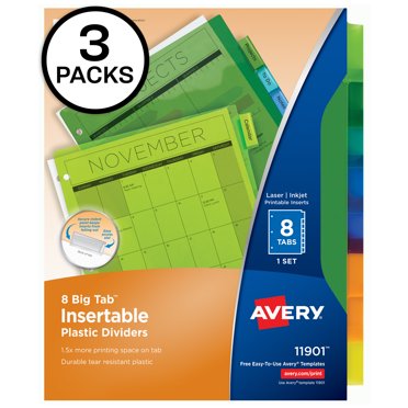 Avery Insertable Big Tab Plastic Dividers W/Single Pockets, 8-Tab