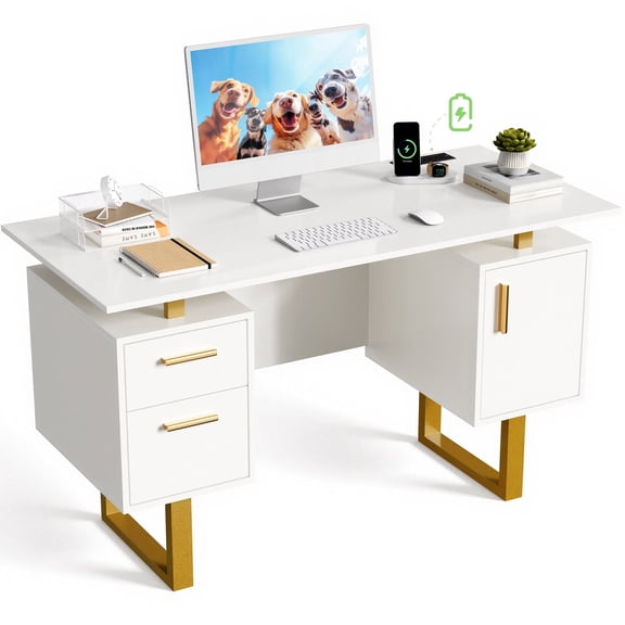 Furnibear Computer Desk with Drawers, Storage Cabinet with Built-in Outlets, USB Ports for Home Office, White
