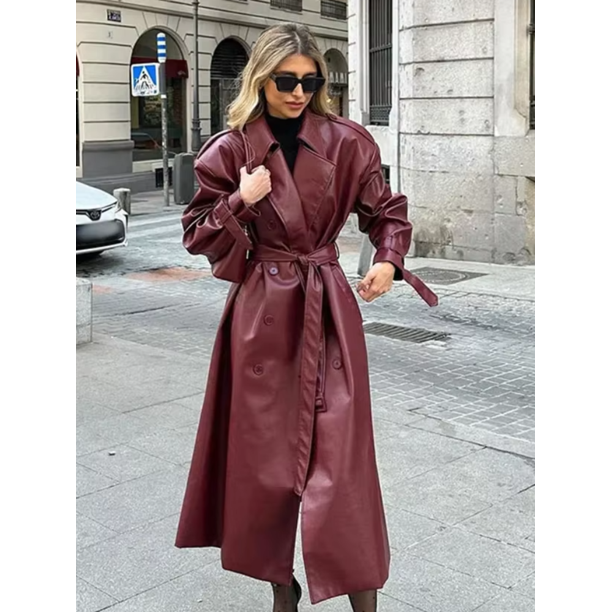 Abrigo elegante de cuero Pu con doble botonadura y solapa para mujer, abrigo largo ajustado de manga larga con bolsillo y cinturón, prendas de vestir color Burdeos para invierno