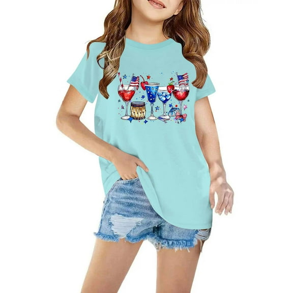 Lilgiuy American Flag Shirt for Little Boys Girls USA Flag Goblet Graphic T-Shirt 4th of July Shirt Patriotic Tee Tops for Hawaiian Beach Camp(Blue,3-4 Years)
