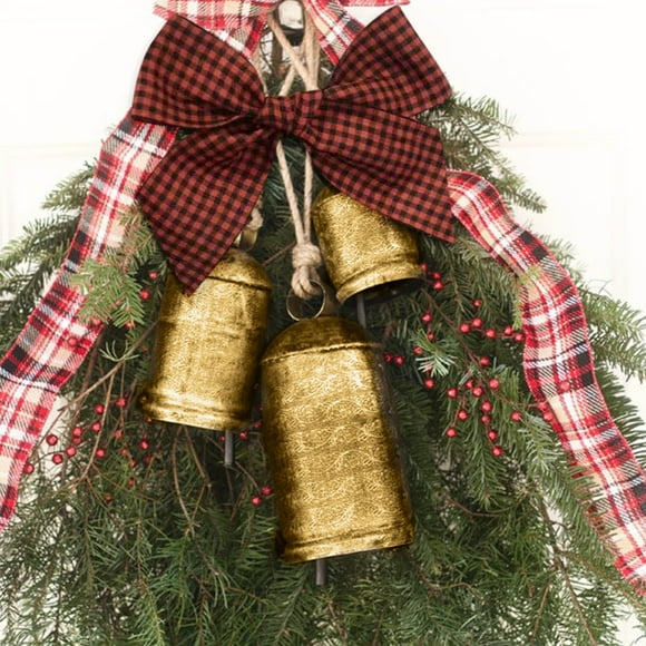 Set of 3 Brass Cow Bells with Bow Rustic Metal Christmas Hanging Decor for Fireplace or Doorway (5.5-11cm)