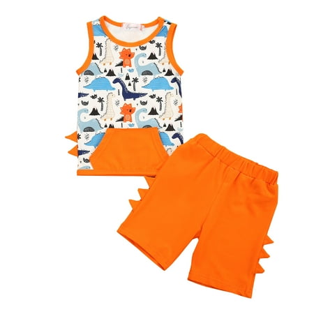 

One opening 2Pcs Baby Boy Outfits Dinosaur Print Tank Tops + Shorts Set