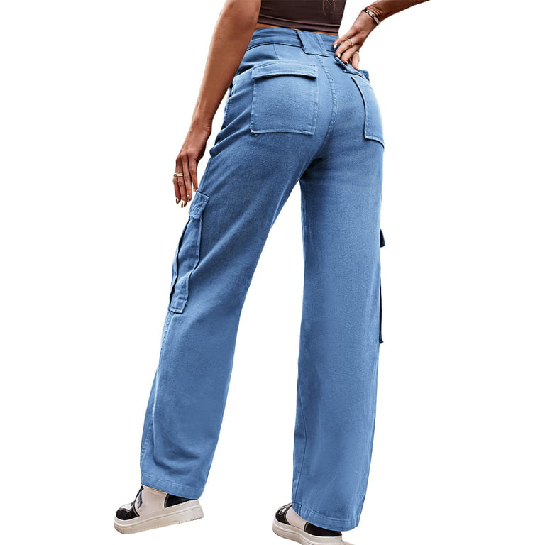 Frontwalk Ladies Denim Pants Zipper Bottoms Cargo Jeans Vacation Fashion  Trousers Button Denim Blue S 