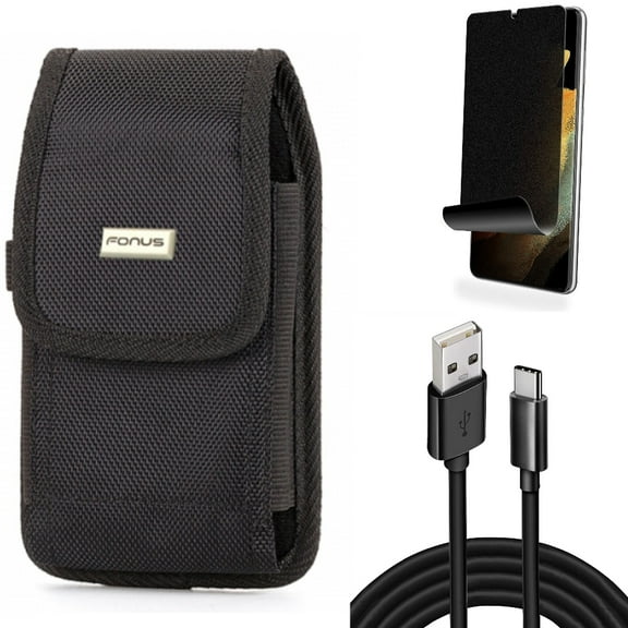10ft USB Cable & Privacy Screen Protector & Case Belt Clip for Samsung Galaxy S22 Plus (S22 ) - Combo Type-C Charger Cord Power & TPU Film (Fingerprint) Anti-Peep & Swivel Holster Rugged