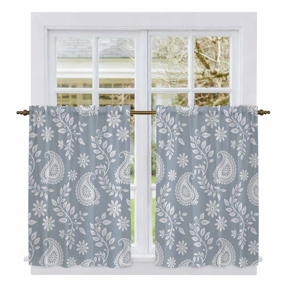 Blue Paisley Kitchen Curtain for Berdoom Living Room Cafe 54 Inch Length, Ethnic Vintage Floral Botanical Abstract Tiers Curtains Light Filtering Drapes Rod Pocket Window Treatment 2 Panels 52"Wx54"L